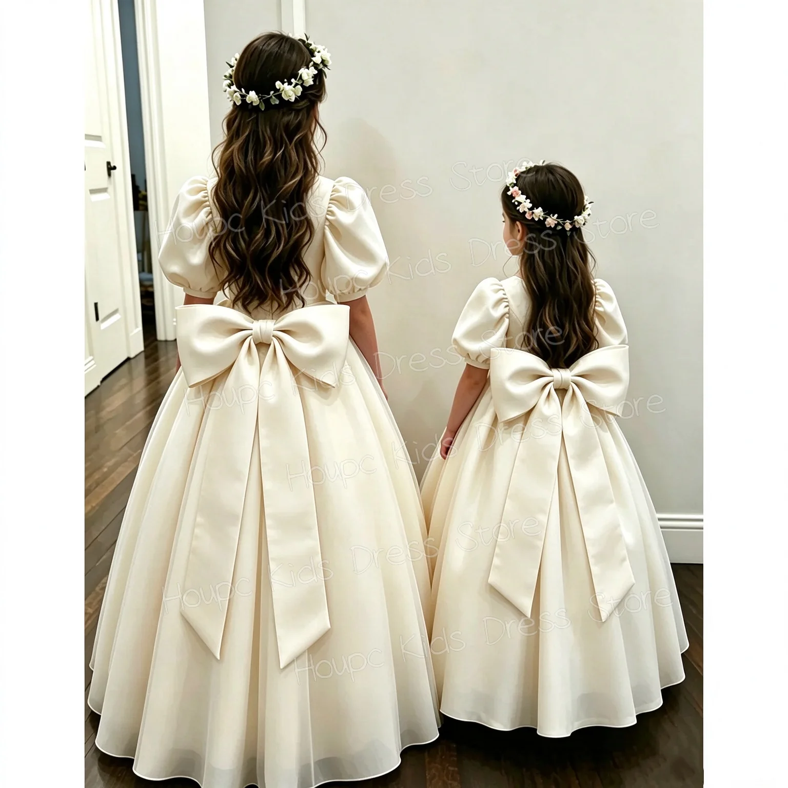 Ivory Satin Girl's Flower Girl Dress with Puff Sleeves, Round Neck, Full Skirt for Weddings and First Communion Parties