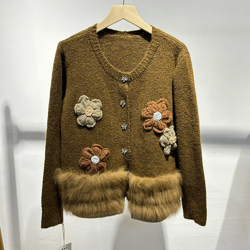 2025 여성 겨울 두꺼운 리얼 폭스 퍼 여성 패션 가을 스웨터 니트 싱글 브레스티드 코트