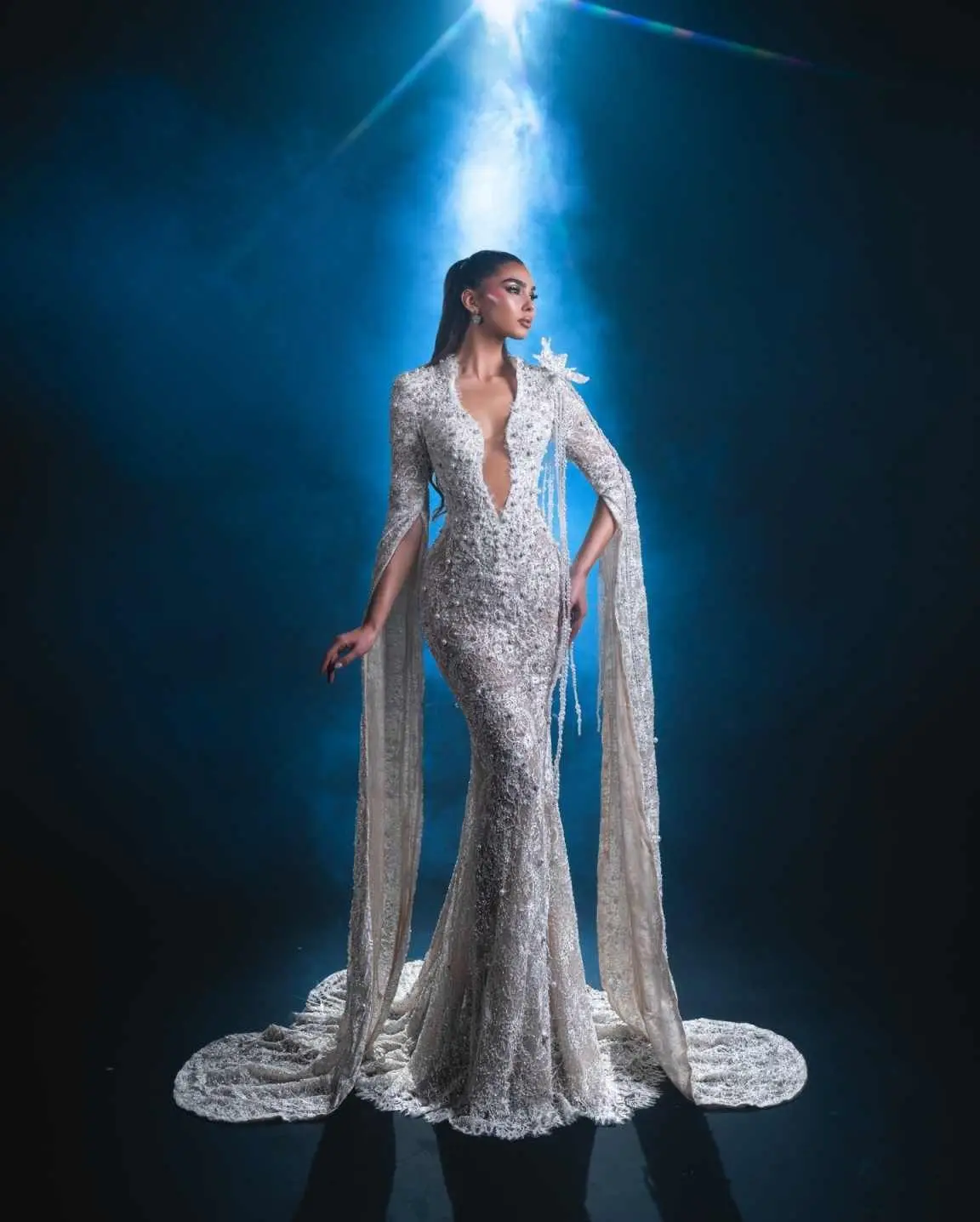 Customized Mermaid Wedding Dress Pearls V Neck Long Sleeve Bride Gowns Lace Beading Bridal Dresses
