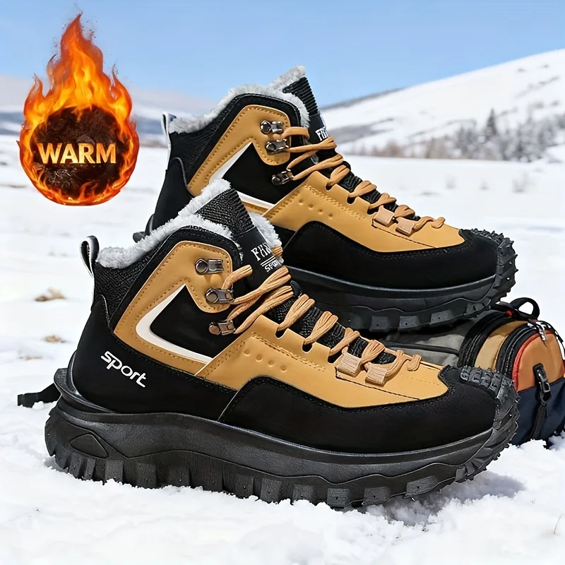 A pair of men's warm sports shoes designed for snowy environments, perfect for outdoor winter activities and work. The sole features a unique design for men's footwear.