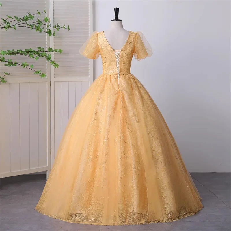 Feminino amarelo vestido de baile, gola V, apliques de lantejoulas, vestido de aniversário de princesa, manga curta, festa noturna, Abiti Sposa, 2024