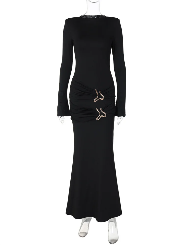 Glänzende Herbst mode schwarz Maxi kleid für Frauen plissiert schlanke hohe Taille Langarm elegant sexy Party kleid Damen y2k Kleid