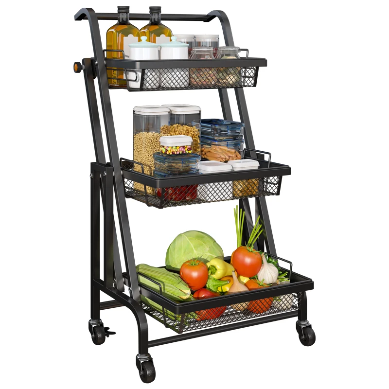 Black 3-Tier Kitchen Trolley Cart with Metal Wheels Carbon Steel Foldable Storage Rack Power Coated Standing Type Installation
