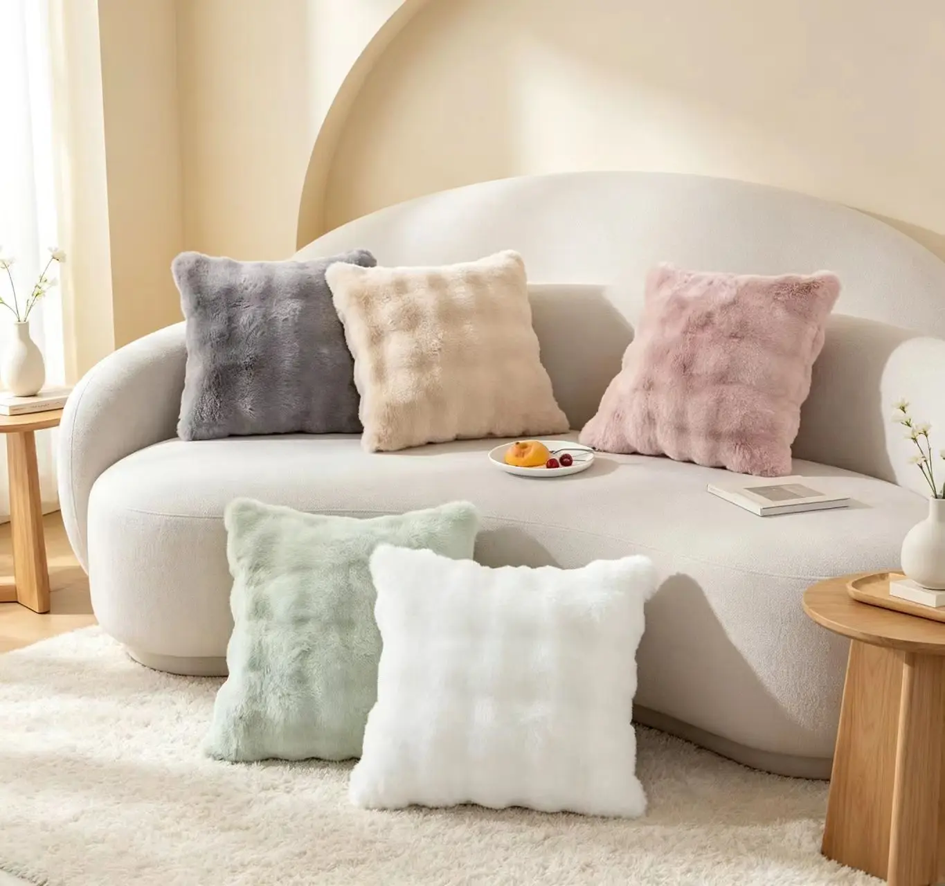 3Pcs Fluffy Bubble Plush Pillow Covers Solid Color Square Decorative Cushion Covers for Couch Living Room Without Pillow Inserts