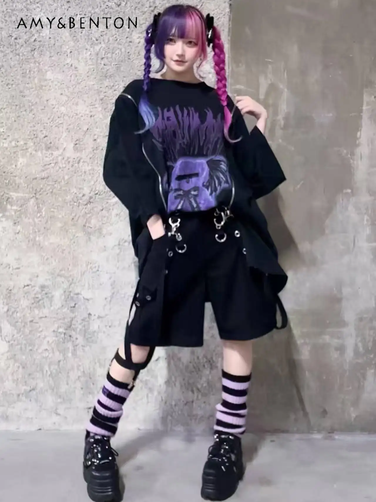 ثقافة فرعية الصليب زيبر الخفافيش كم الكرتون طباعة فستان كبير الحجم للنساء القوطي الشرير نمط تي شيرت تنورة الألغام سلسلة فستان قصير