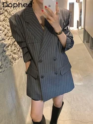 Fashion Loose Striped Suit Jacket for Women 2023 Spring Autumn New Korean Style Elegant Double Breasted Blazer Jacket Female