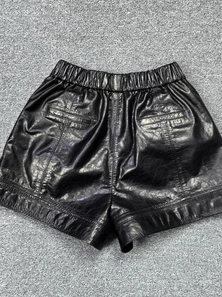 Autumn New Women Cowhide Genuine Leather Shorts Female Slim Fit Elastic Waist Wide Leg Flare Boot Cut Casual Streetwear Shorts