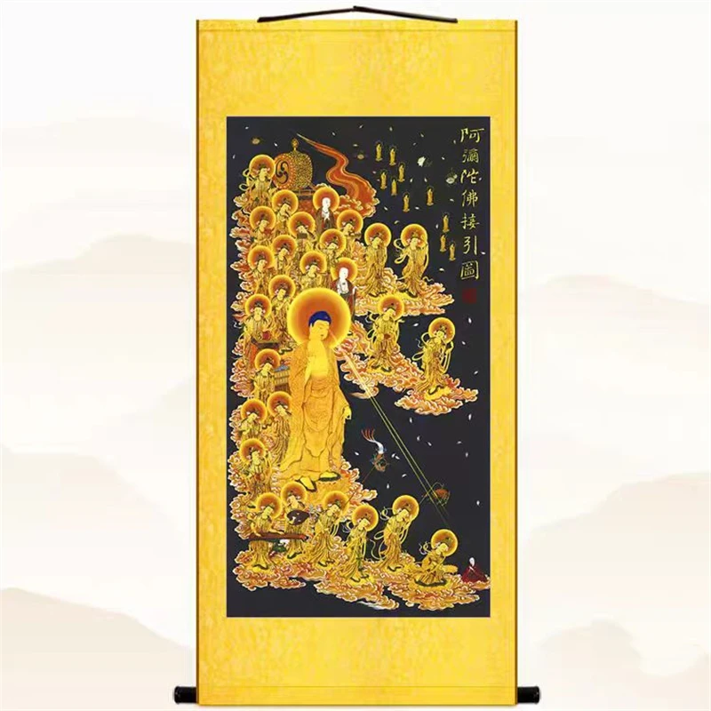 

Amitabha Buddha, welcoming Buddha, high-end silk cloth decoration hanging painting, home, auspicious, customized