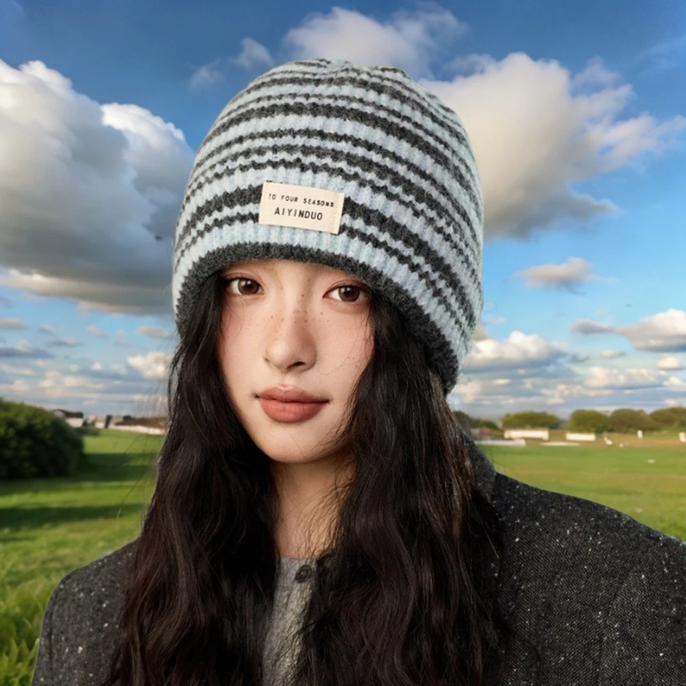 Gorro de lana tejido con pilas para hombre y mujer, gorro de jersey con tiras, gorro holgado y cómodo Unisex para exteriores, gorro cálido a prueba de frío