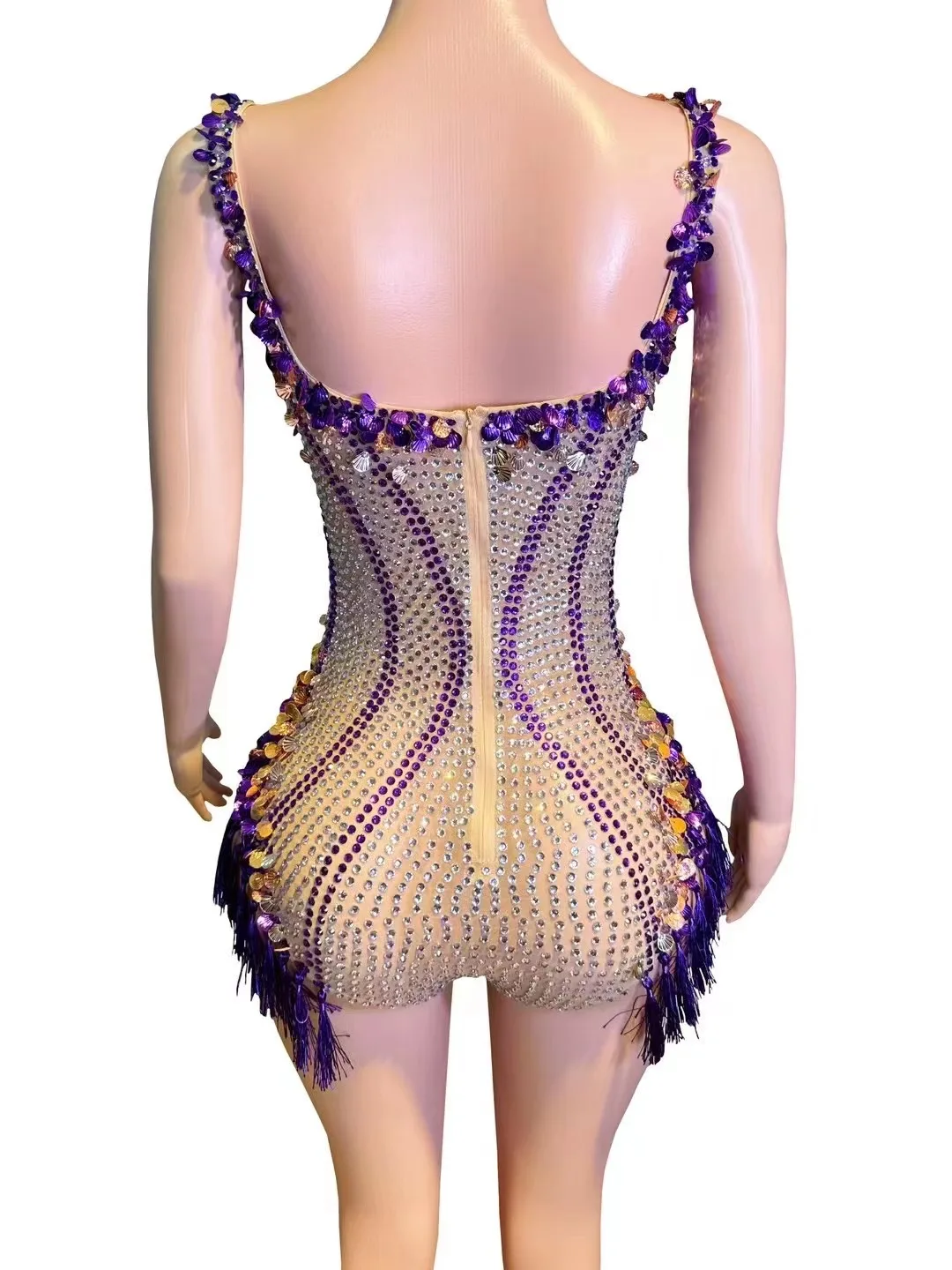 Bodysuit gola v para mulheres, strass brilhante, borlas lantejoulas, fantasia de dança, boate, cantor, bailarino, roupa do palco, performance sexy