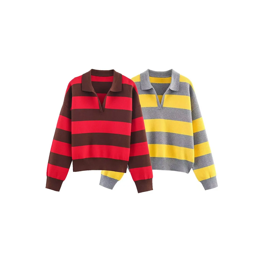 

Осенний новый женский модный универсальный полосатый рубашка-поло с воротником вязаный свитер