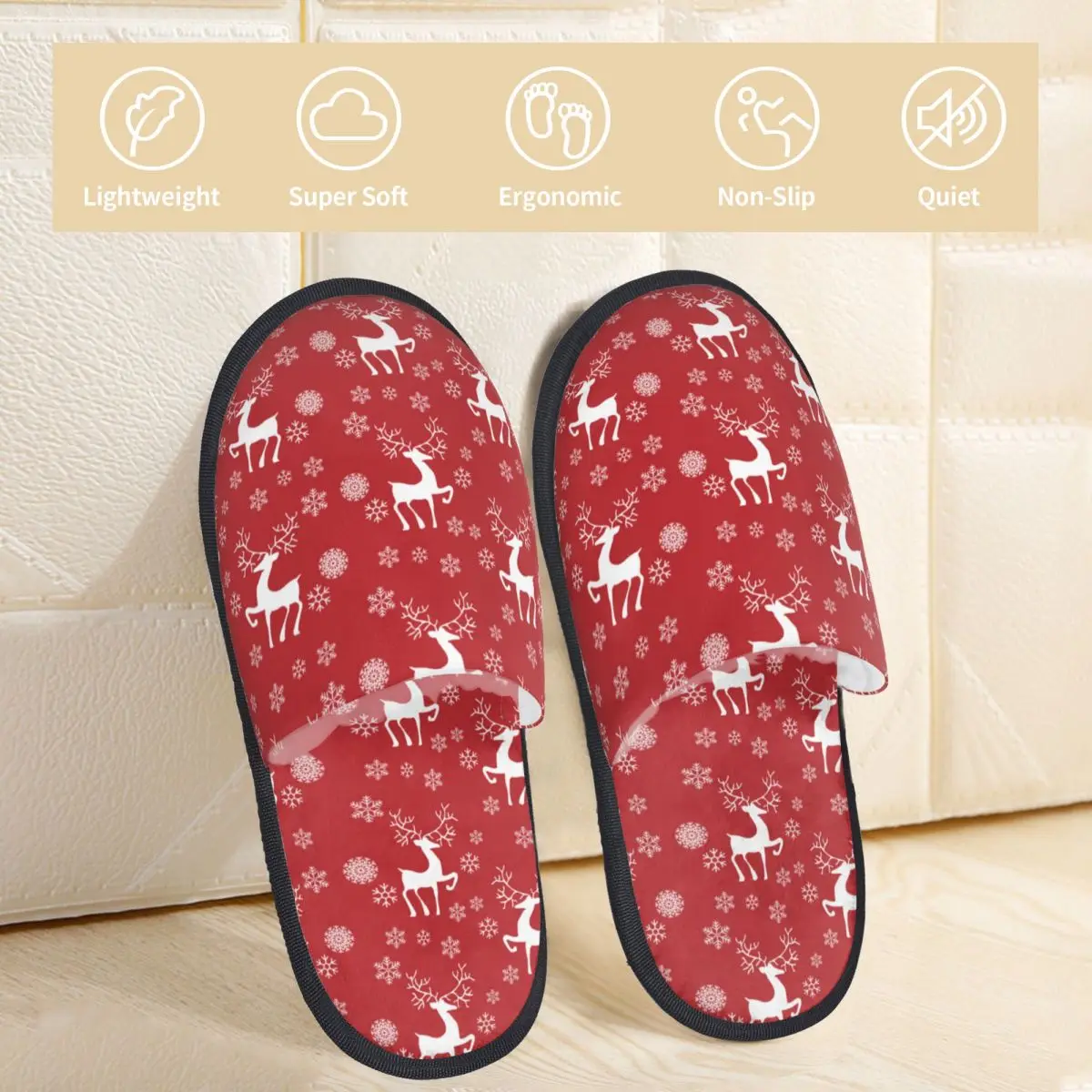 Red Christmas Color Reindeer Home Cotton Slippers Non-skid Xmas Snowflake Deer Cozy Memory Foam Slides Indoor