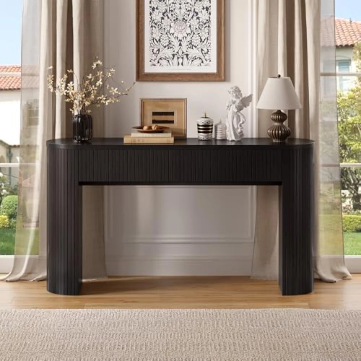 55 Inch Console Table with 2 Drawers, Entryway Tables with Storage,Black | Fluted Sofa Table Behind The Couch, Hallway view 6
