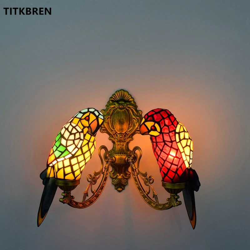 Tiffany Parrot Wall Lamps Baroque Art Stained Glass Mirror Front Lighting Mediterranean Style Bedside Aisle Balcony Bar Fixture