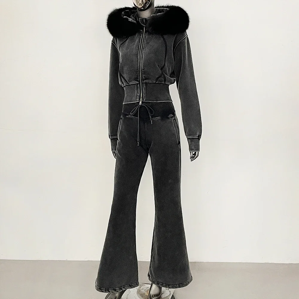 OFTBUY Flare-Hosen-Set für Damen, Wasch-Denim-Look, Neuer Herbst-Winter-Trainingsanzug, 2-teiliges Outfit mit Echtfuchs-Fell-Kapuzenjacke – Detail 8