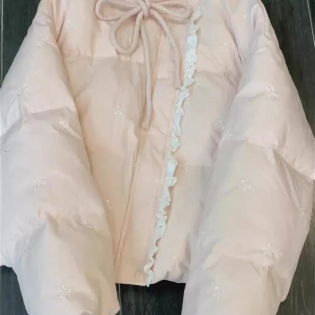 Pink Bow Knot Tied Cotton Jacket Women's Winter Fashion High-End Feel Patchwork Coat Long Sleeve Half High Collar Single Button