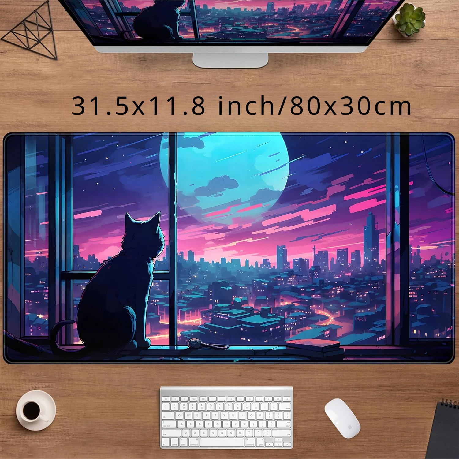 Cool Purple Kawaii Cartoon Moon Cat XL Gaming Mouse Pad Cute City Desk Pad for Girl Women Office Desk Decor 31.5x15.75 inch