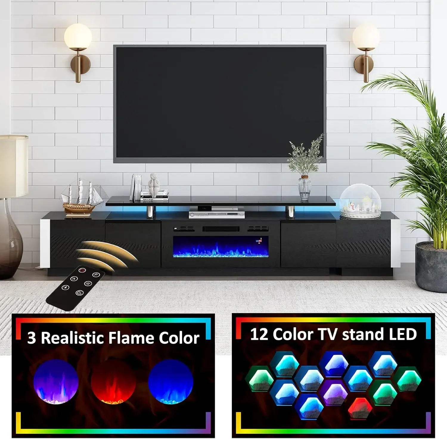 Set dudukan TV perapian besar 110 inci, termasuk dudukan TV perapian 2 tingkat 70 ", konsol TV dengan lampu LED untuk ruang tamu, HITAM