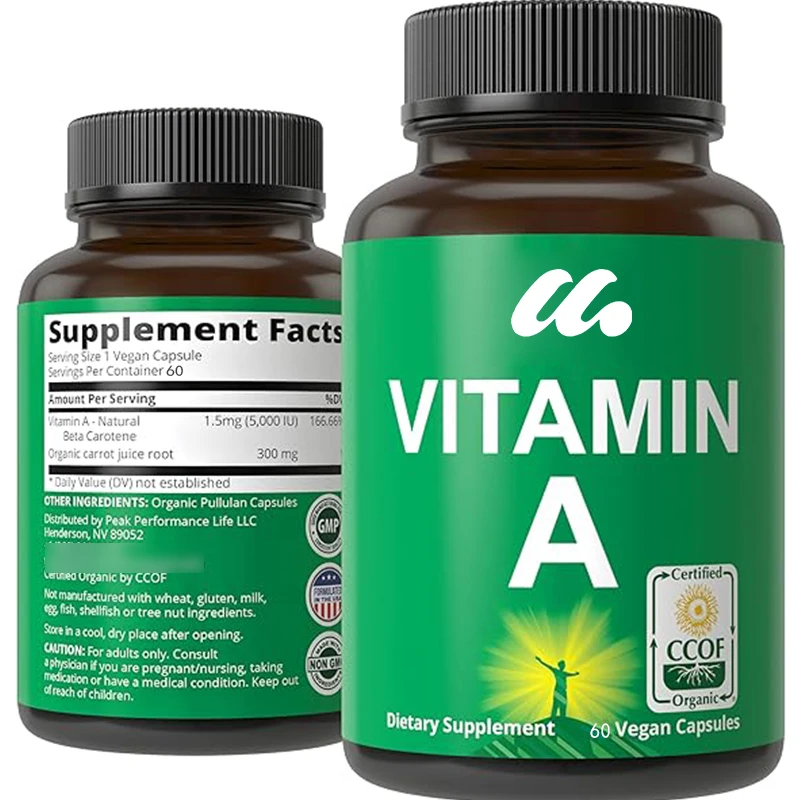 

The organic vitamin A supplement capsule is made of high-efficiency vitamins made from organic carrot juice. Non GMO