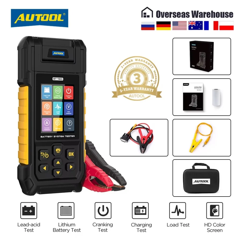 AUTOOL BT960 0-80V Car Battery Tester Lithium Battery Test Lead Acid Battery Analyzer With Printer 30-2000CCA Diagnostic Tool