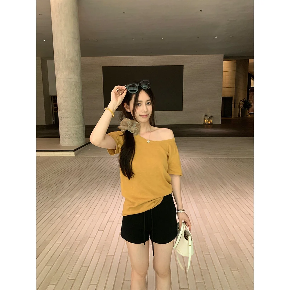Orange Shoulder Bared Knitted Short Sleeve T Shirt Women's Top Pijiu Summer 2025 Fashion Casual Loose Fit round Neck Tee