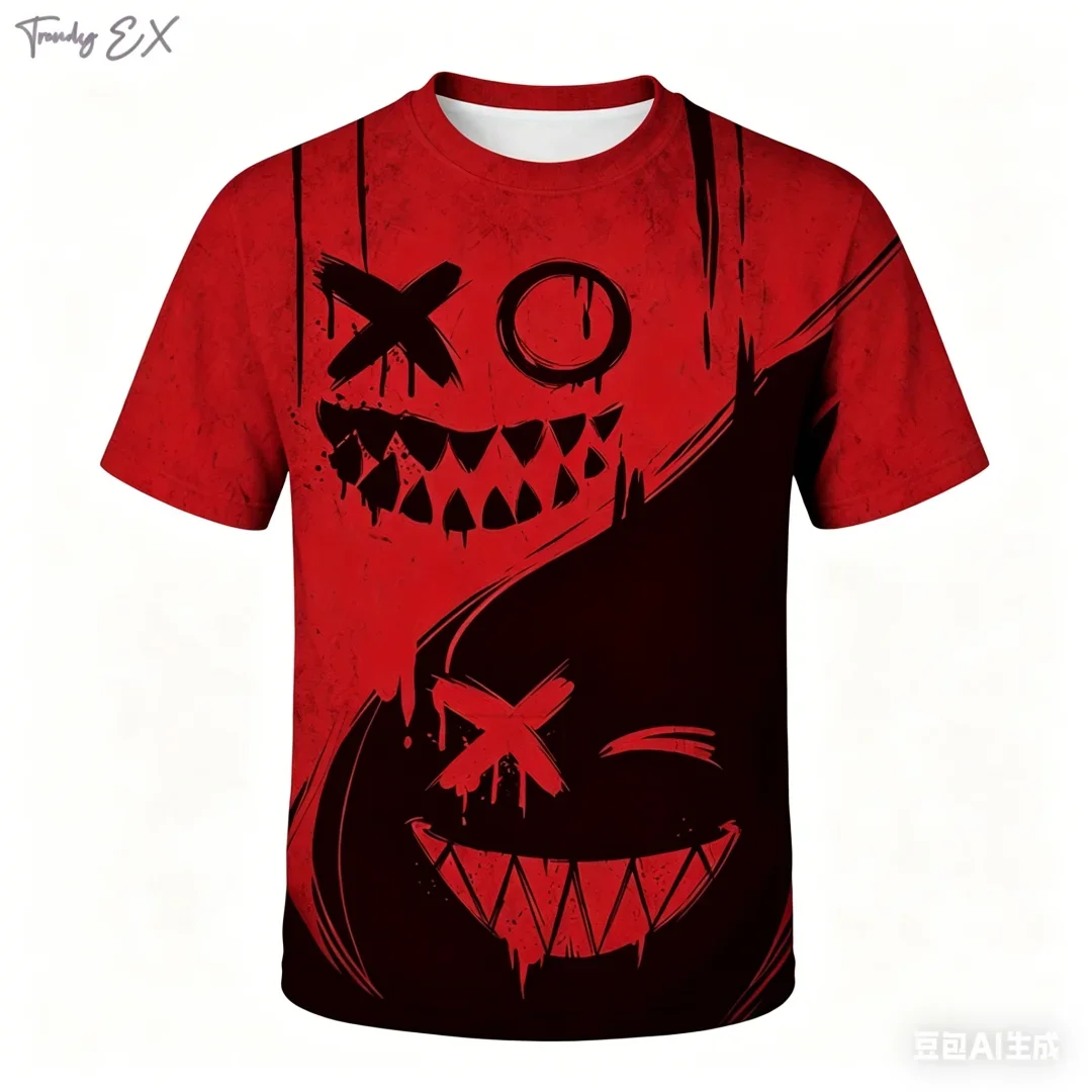 Modische Street-Style Kurzarm-Tops mit 3D-Teufelsmuster Bedrucktes Herren-T-Shirt Retro Hip-Hop Tee Tops