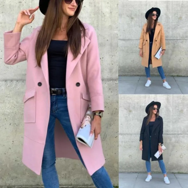 

French-style Elegant Long Knee-length Coat Thick and Warm Woolen Coat with Lapel Single-button Commuter Coat for Women