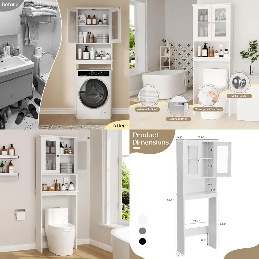 

White Space-Saving Over-The-Toilet Storage Cabinet with Adjustable Shelves and Decorative Racks