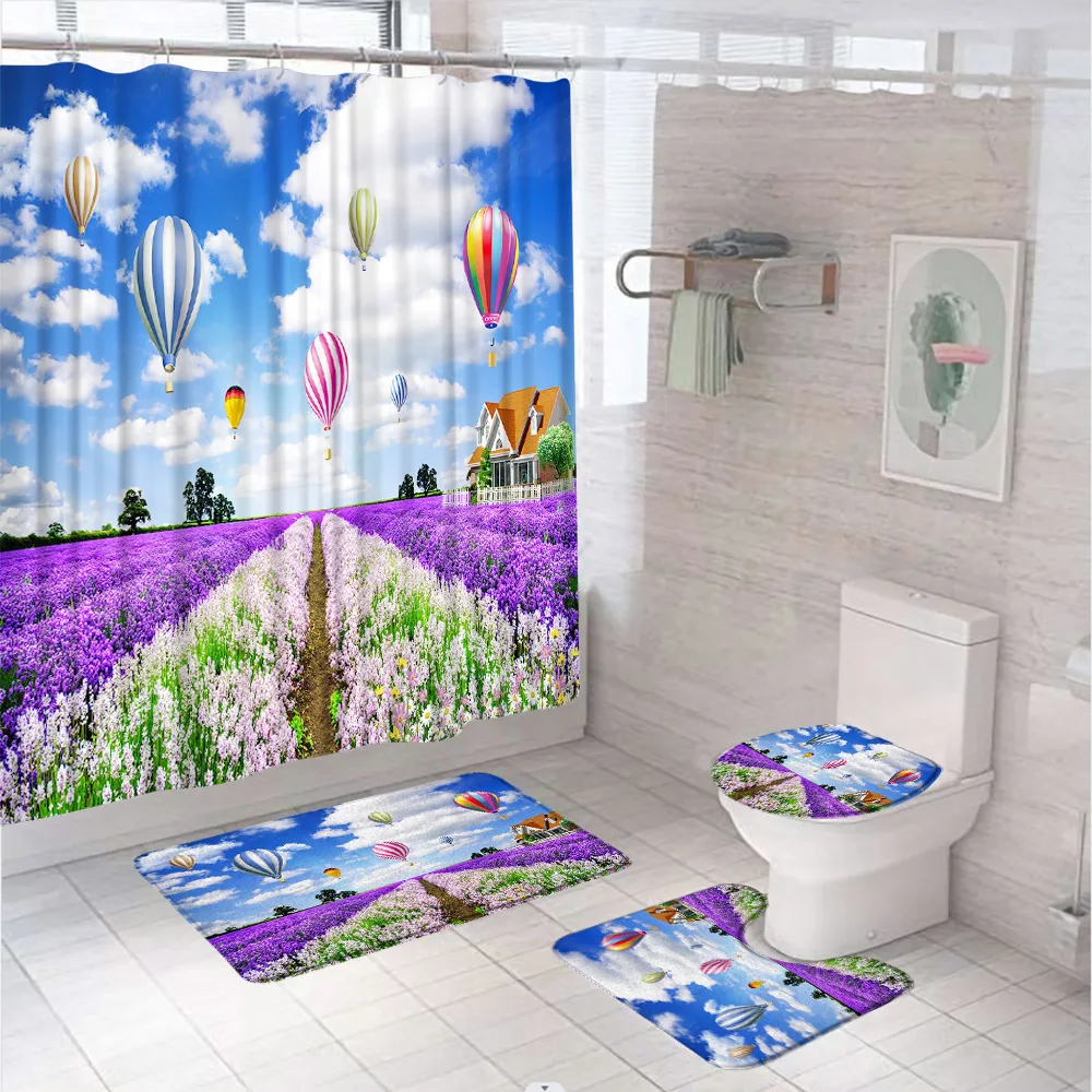 Purple Lavender Shower Curtain Sets Flower Fantasy Garden Arch Tree Country Scenery Bathroom Curtains With Toilet Rugs Bath Mats