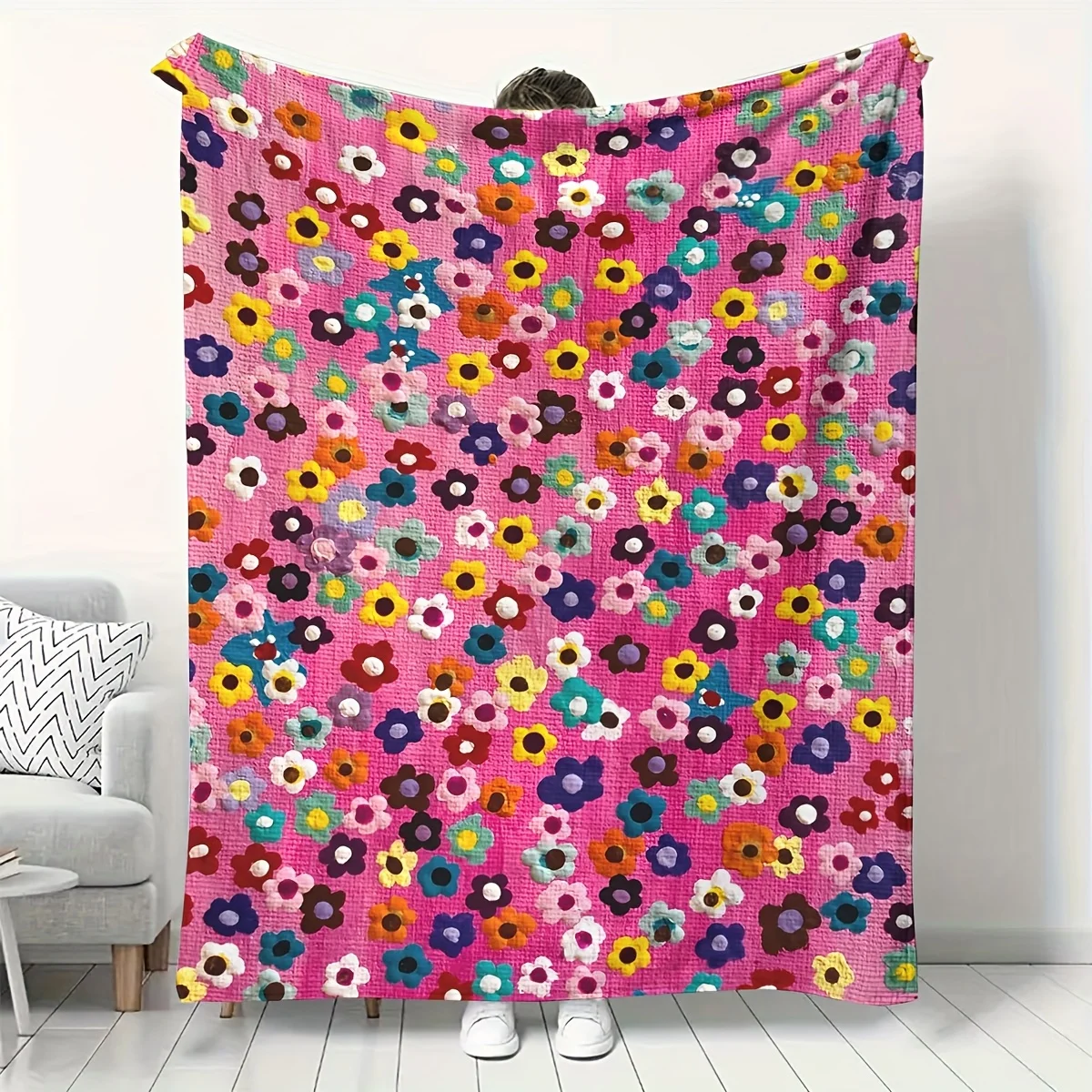 Super Cute Floral Throw Blanket Sofa Couch Decor Plush Fuzzy Knit Knit Wrap for Bed Living Room Bohemian Style Gift