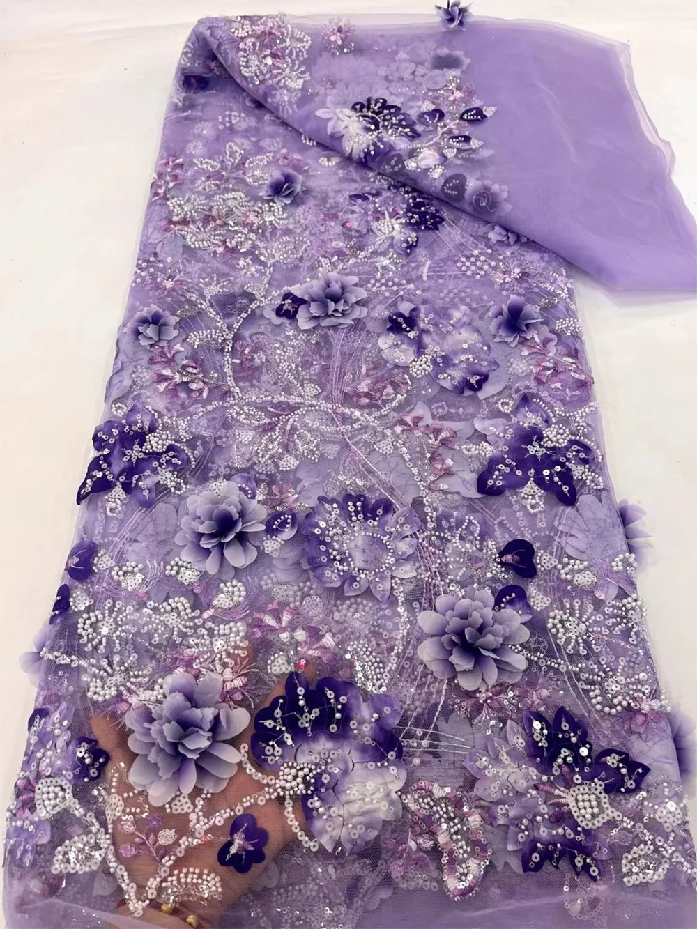 

African 3D Beads Lace Fabric, French Nigerian Groom Sequins, Wedding Party Dress, High Quality, 5 Yards, Purple Lace 2024 A291-1