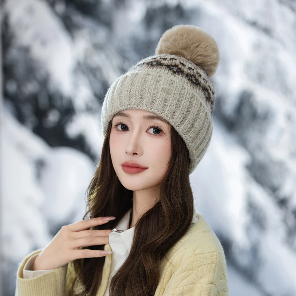 المرأة الشتاء قبعة دافئة غزل سميك جديد الجاكار قبعات منسوجة موضة الفراء الكرة قبعة زوجين قبعات #1