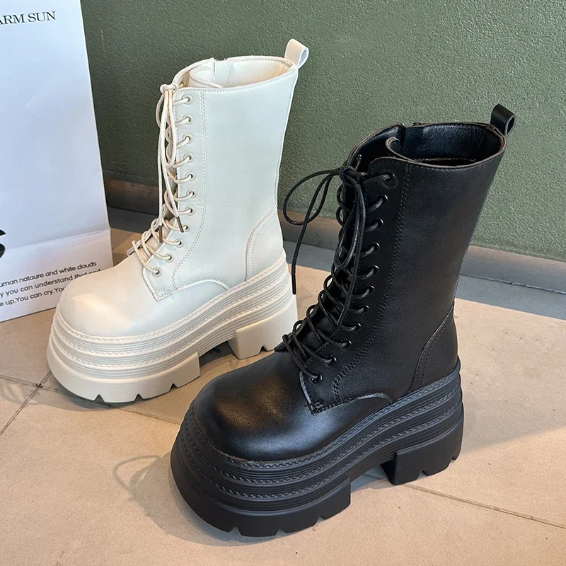 

Autumn Winter Thick Bottom Short Boots Retro High Platform Mid-calf Boots Women Soft Leather Motorcycle Boots Woman Botas Mujer