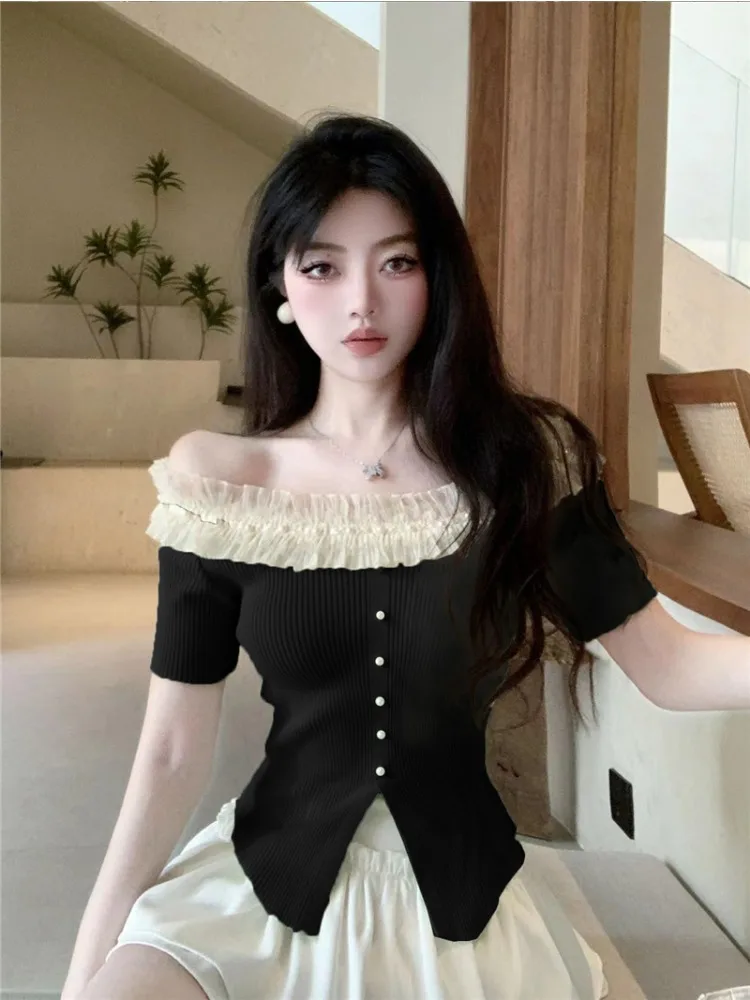 T-shirts Women Slash Collar Summer Lovely Elegant Fashion Shinny Charming Chic Korean Style Youthful Temperament All-match Cozy