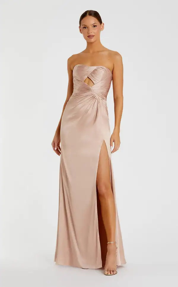

Customized Simple Charmeuse Criss-Cross Pleat Draped A-line Strapless Long Dresses Bespoke Occasion Dresses Casual High quality