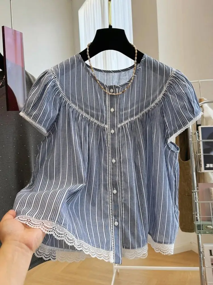 

Summer Stripe Printed Women Blouse Lace Splicing O-Neck Short Sleeve Shirt Casual Fashion Buttons Up Tops