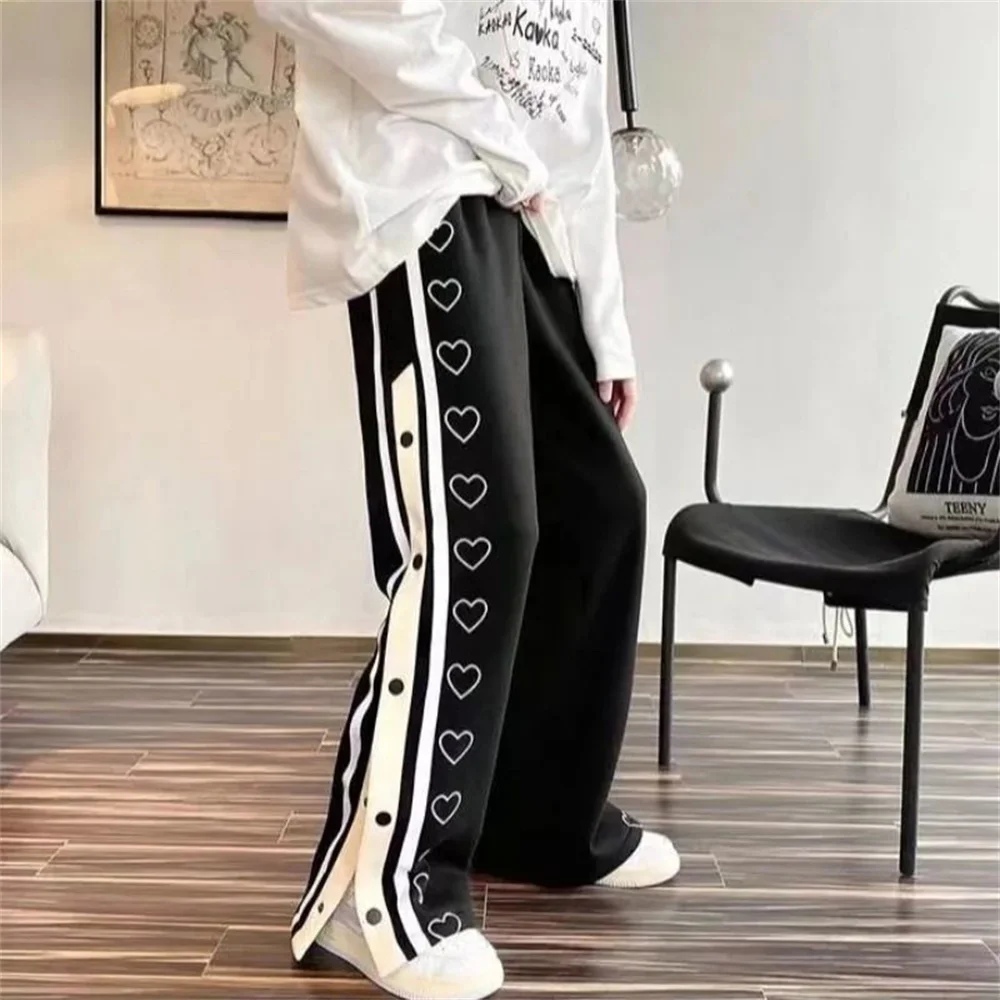 Harajuku Wide leg Sweatpants Casual Sport Split Basketball Women Track Trousers Oversize Neutral Streetwear Side Button Baggy Pa