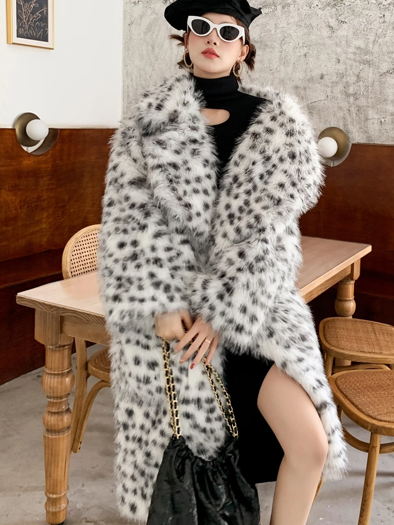 Women's Fashion Faux Fur Coat Loose Lapel Print Long Jacket Winter Outerwear Lady's Coat Promotion Direct Sales