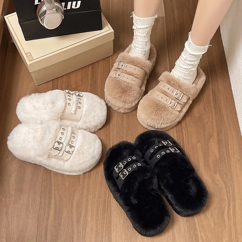 

New Comfortable Women's Home Slippers Thick Bottom Warm Fur Slippers Flat Bottom Rubber Material Korean Style Fashionable Slippe