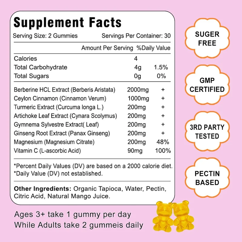 Berberine contains Ceylon cinnamon gummies, sugar free, vegetarian, immune health support, 60 natural mango flavored gummies