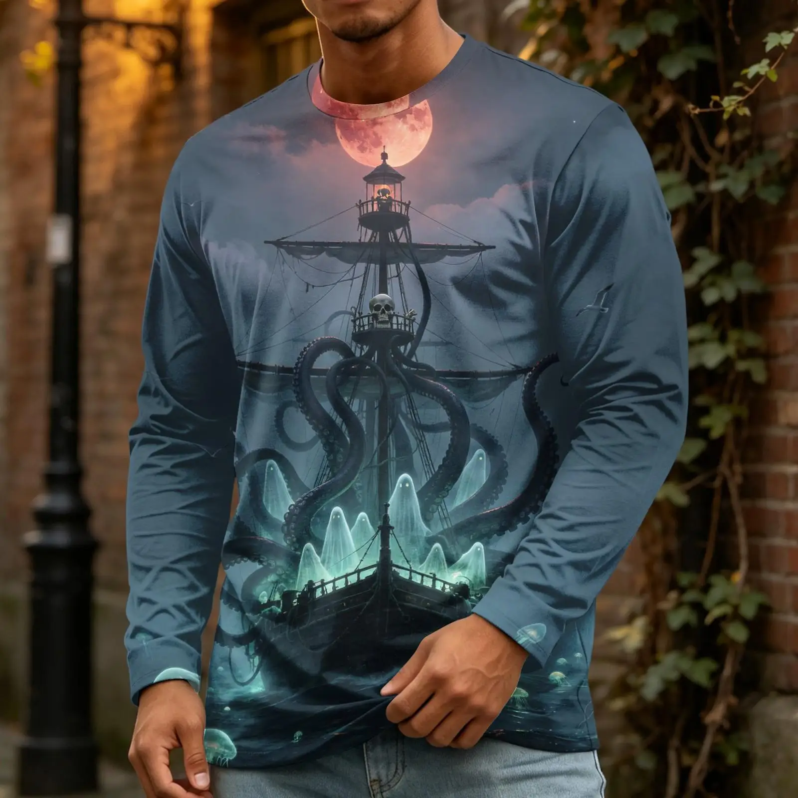 Men Halloween Crow Pumpkin Ghost Pirate Ship Octopus Blood Moon Gothic Long Sleeve Top