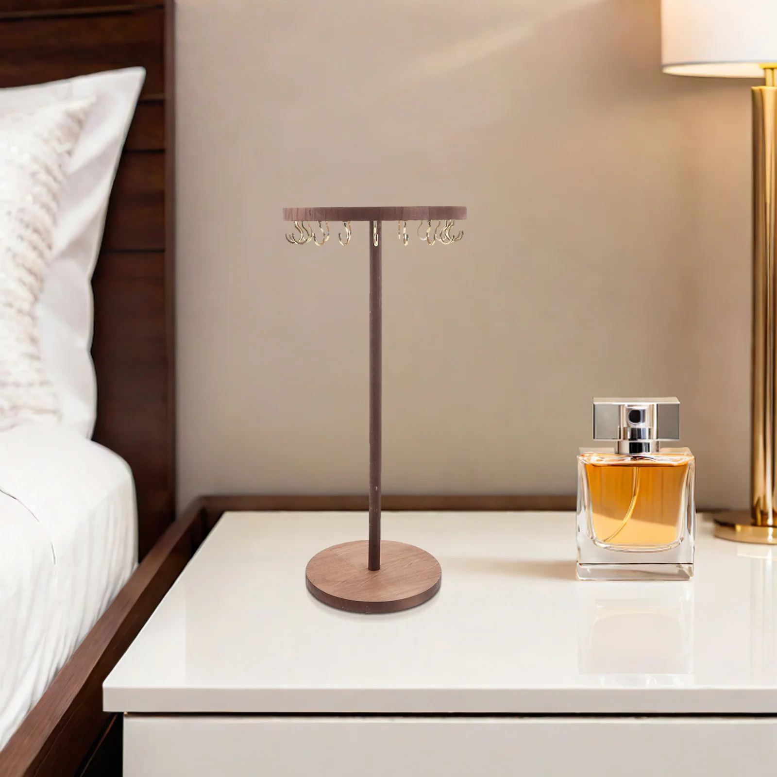 

Wooden Jewelry Organizer Solid Wood Necklace Holder Round Disk Hook Rack Tabletop Market Display Earring Storage Organizer