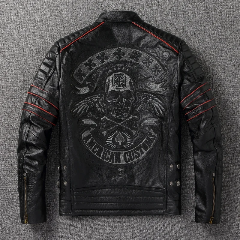 

Новая модная куртка из натуральной кожи с вышивкой черепа, мужская мотоциклетная куртка из натуральной яловой кожи, тонкое мото пальто