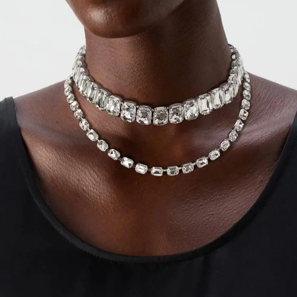 

Sparkling Rhinestone Collar Necklace Silver Crystal Double Row Necklace Women Luxury Formal Event Jewelry
