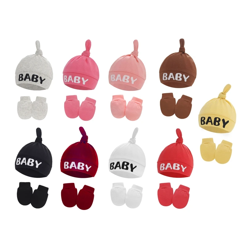 2 Pcs Baby Anti Scratching Cotton Gloves Hat Set Newborn No Scratch Mittens for Infants