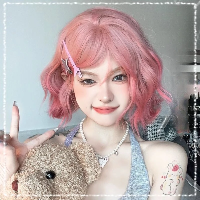 

Synthetic short wig for women, natural new wavy wool wig, Japanese Lolita full pink wig for women