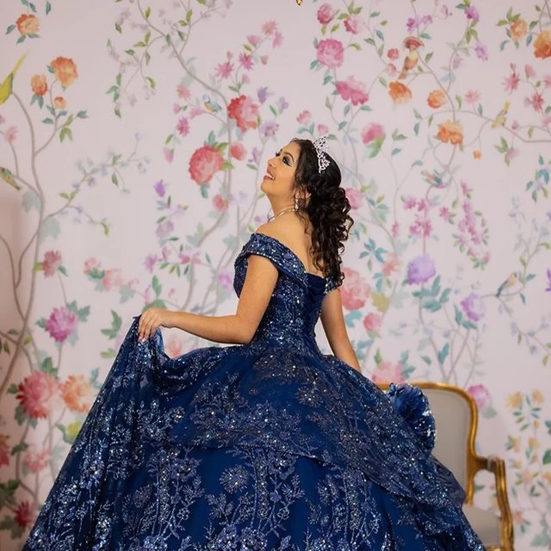 Navy Blue Quinceanera Dresses Beaded Sequined Appliqué Lace Sweet 16 Dress Ball Gown Lace Up vestidos de 15 años