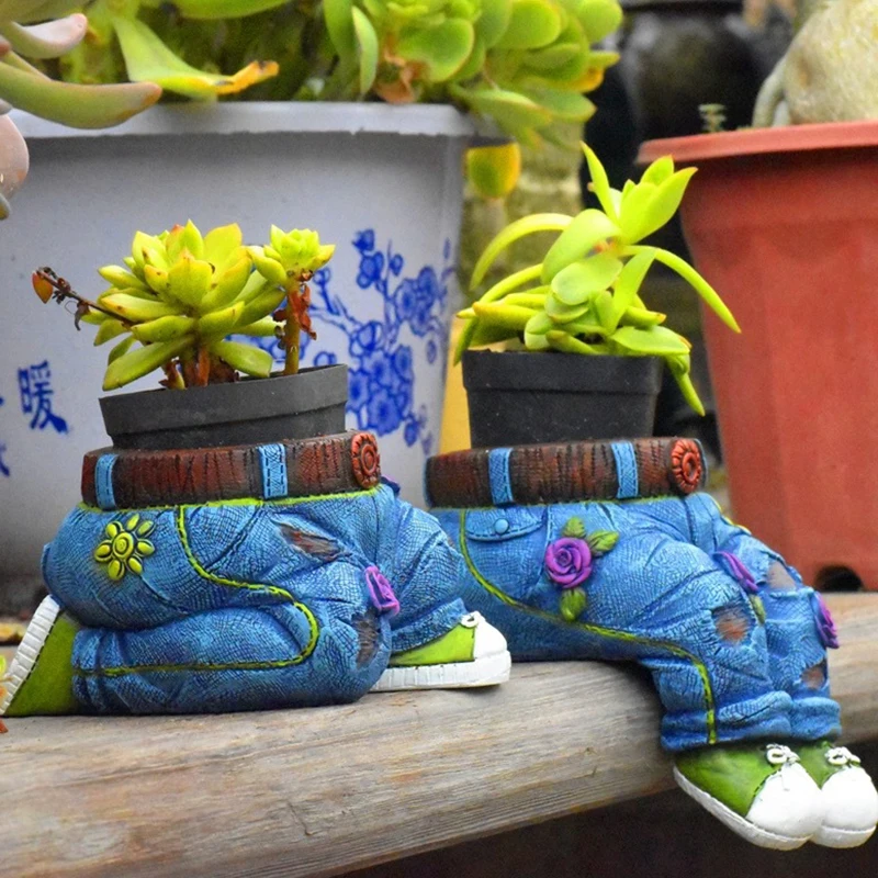 1Pc Jeans Broek Vorm Bloempot Hars Standbeeld, Sappige Pot Bloem Planter Voor Binnentuin Gazon Veranda Terras Buiten