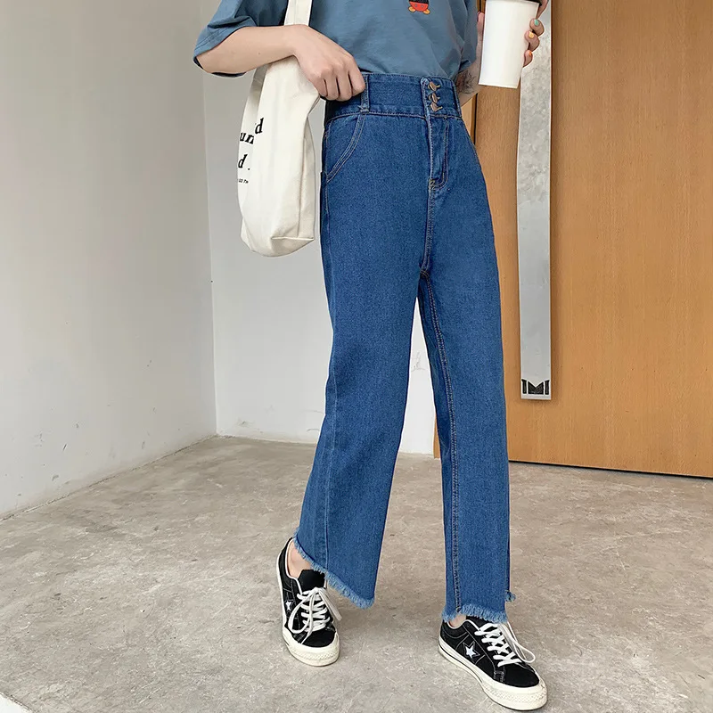 Pants Women 2021 New High Waist Width Legs Jeans Burrs Spring women's Legs Female Leisure Loose Nine Points Trousers WBXNZF03