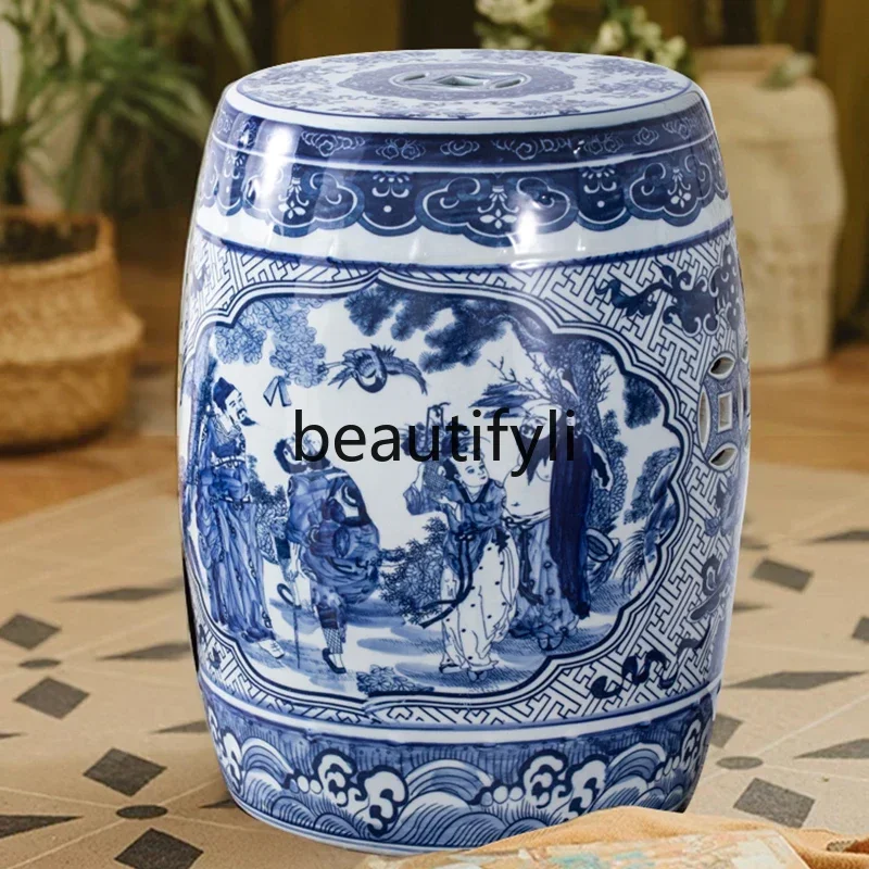 Zqx Taburete de tambor de cerámica con carácter de porcelana azul y blanca, taburete para cambiar zapatos, taburete de salón de té, taburete de cerámica de carácter antiguo, estilo chino